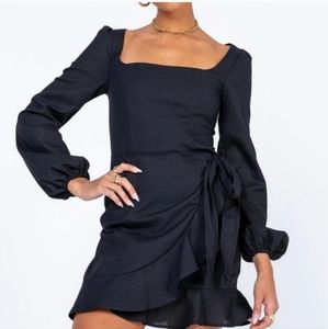 Princess Polly Villa Faux Wrap Linen Blend Dress Black